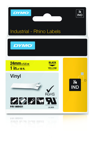 Image of Dymo 1805431 Ribbon Vinyl black on yellow 24mmx5,5m for Dymo Rhino...