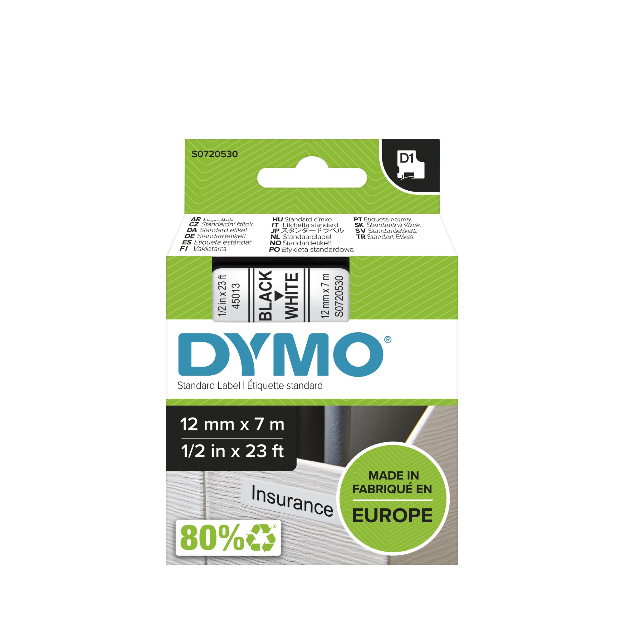 Dymo 45013 D1 LabelMaker Tape 12mm x 7m Black on White S0720530