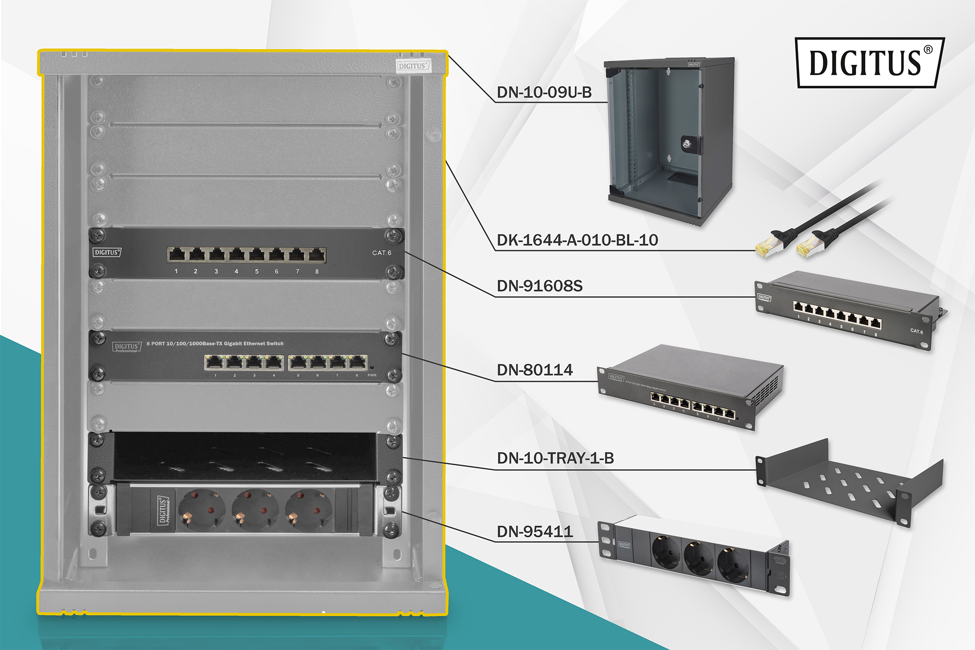 Image of Digitus Network Set - 254 mm (10") - 9U, 312 x 300 mm (W xD)