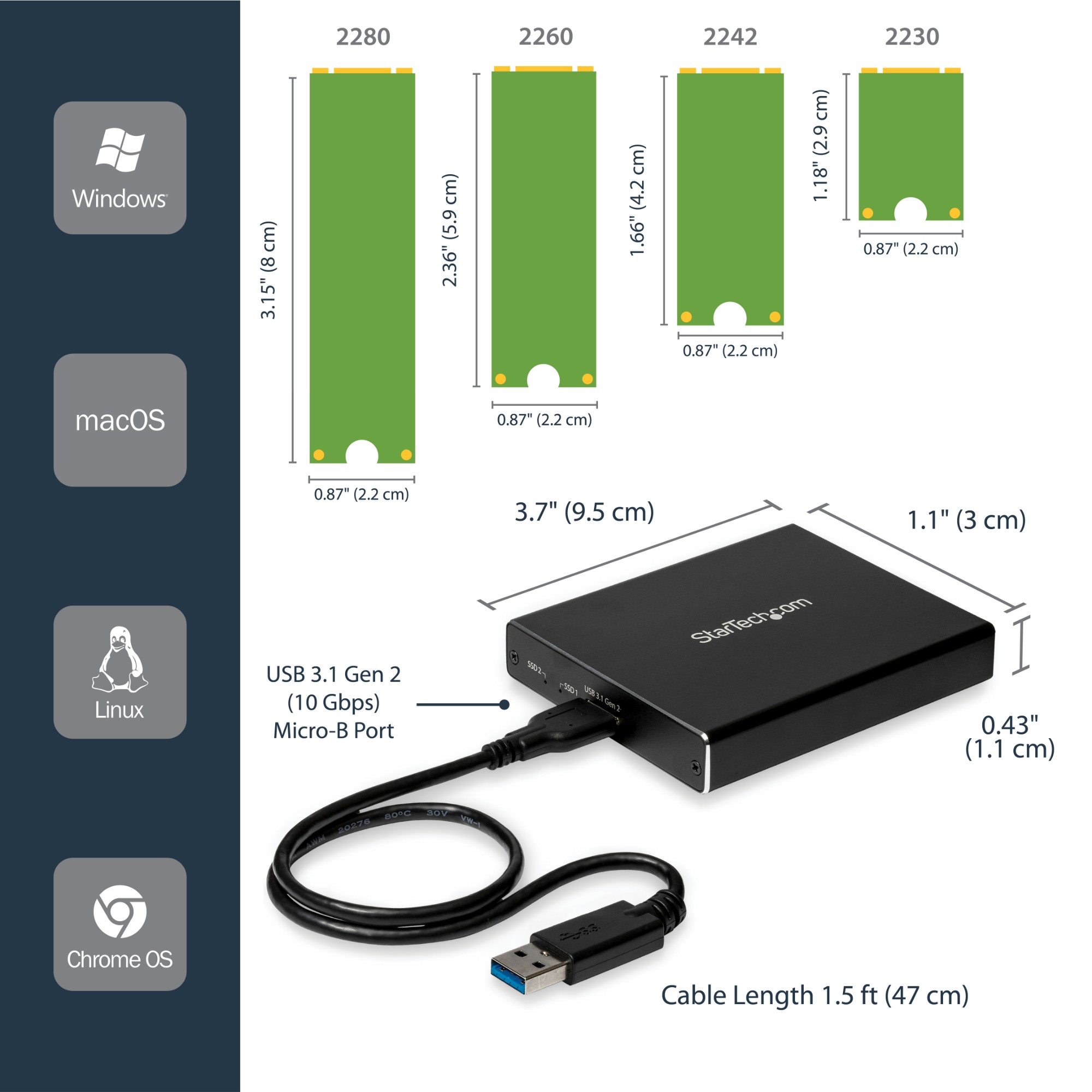 StarTech.com Dual-Slot Drive Enclosure for M.2 SATA SSDs - USB 3.1 (10Gbps) - RAID