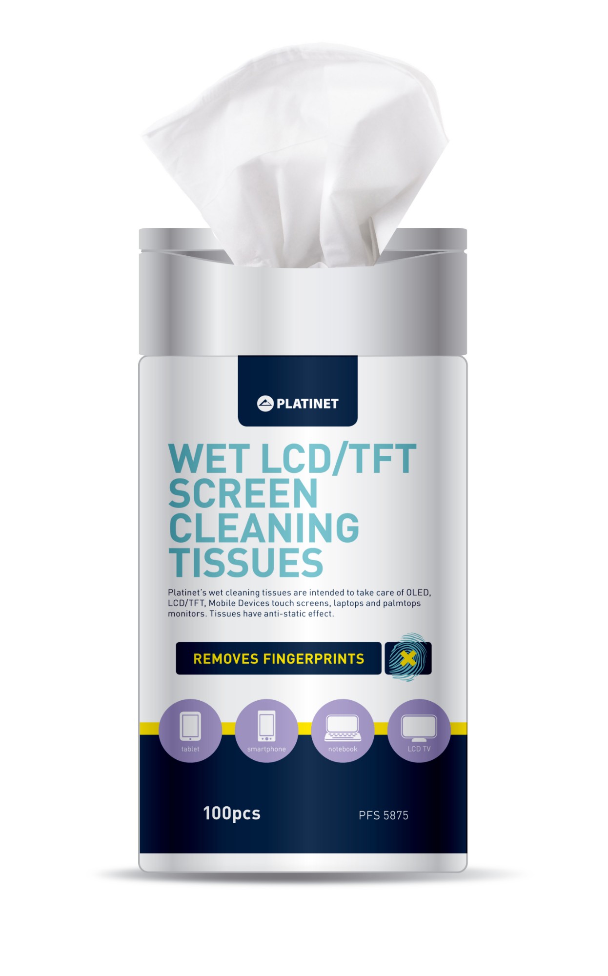 Platinet Wet Wipes LCD And Touch Screens (100 pack), TUV certified, For cleaning of monitors and glass surfaces. Removes Fat, Dust and Fingerprints, Use on a cool surface. Tissue 20x13cm