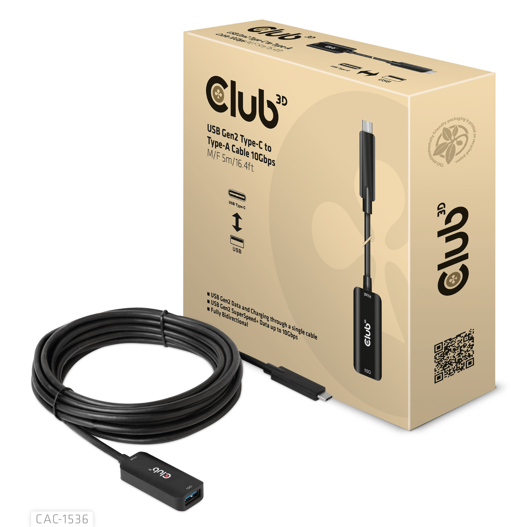 Image of CLUB3D USB Gen2 Type-C to Type-A Cable 10Gbps M/F 5m/16.4ft