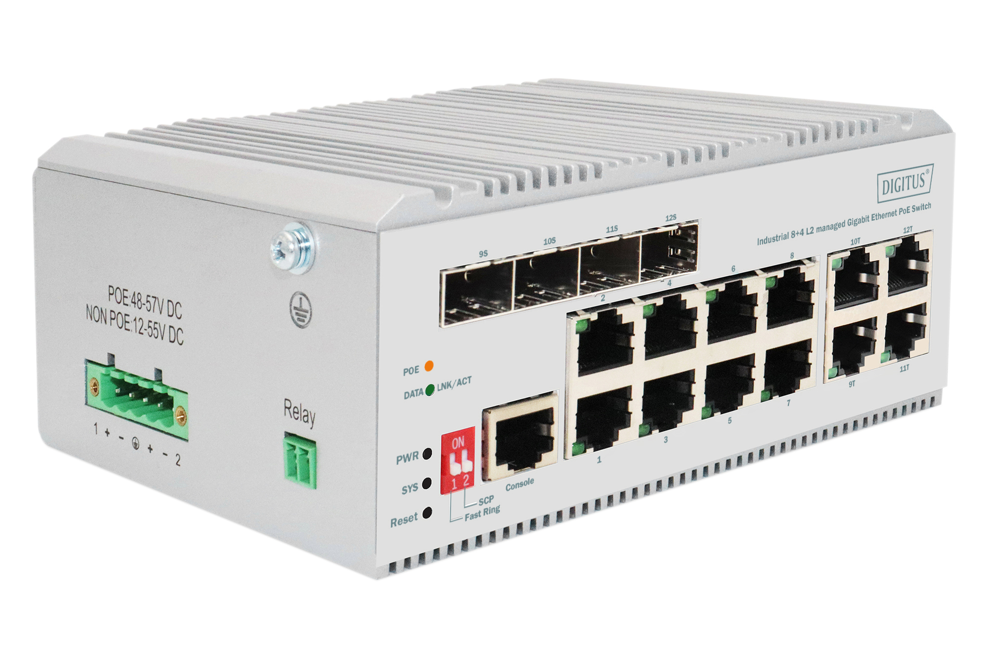 DN-651139 DIGITUS 8 port Gigabit Ethernet network PoE switch, industrial, L2 managed, 4 SFP uplink