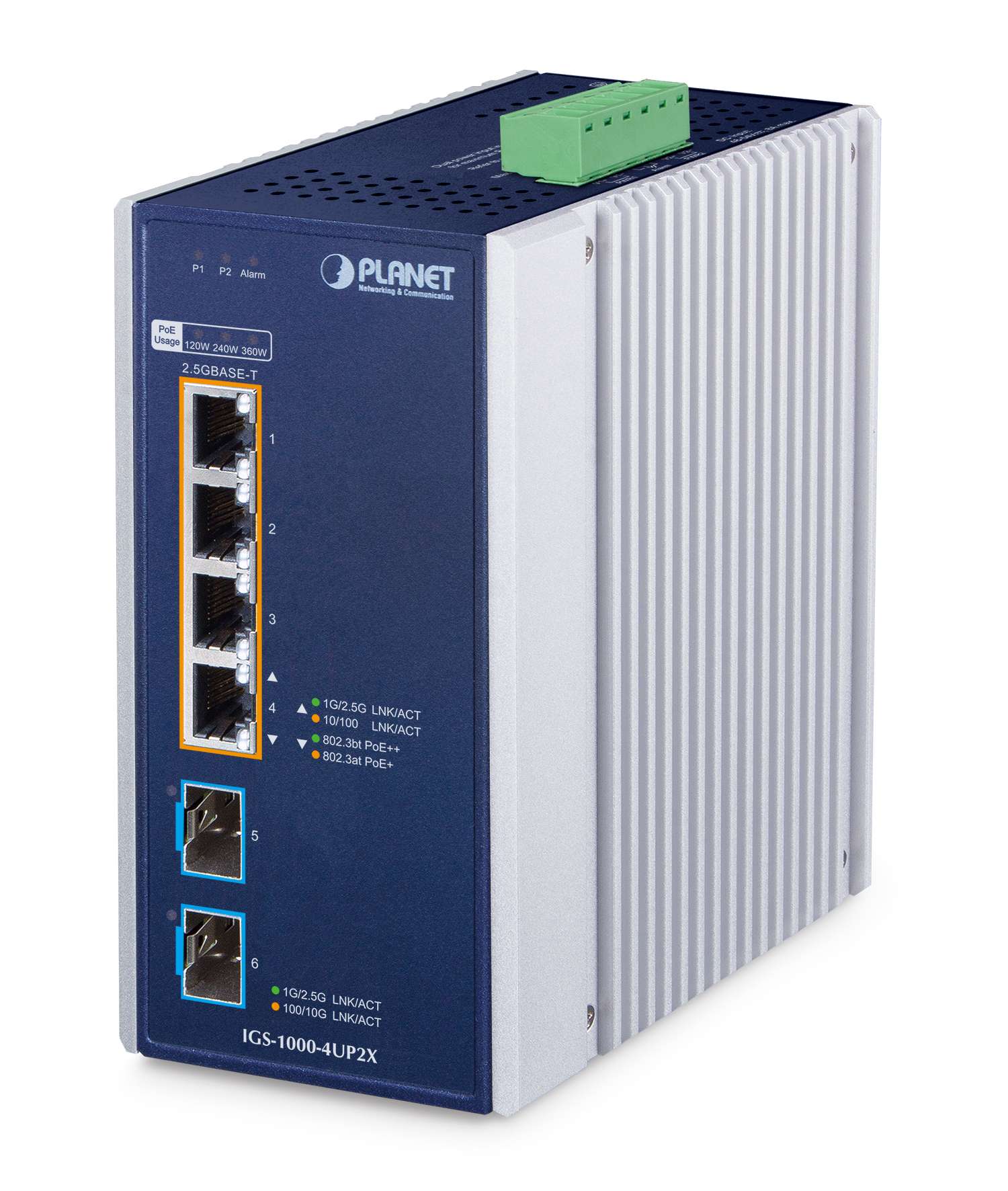PLANET IGS-1000-4UP2X network switch 2.5G Ethernet (100/1000/2500) Power over Ethernet (PoE) Aluminium, Blue