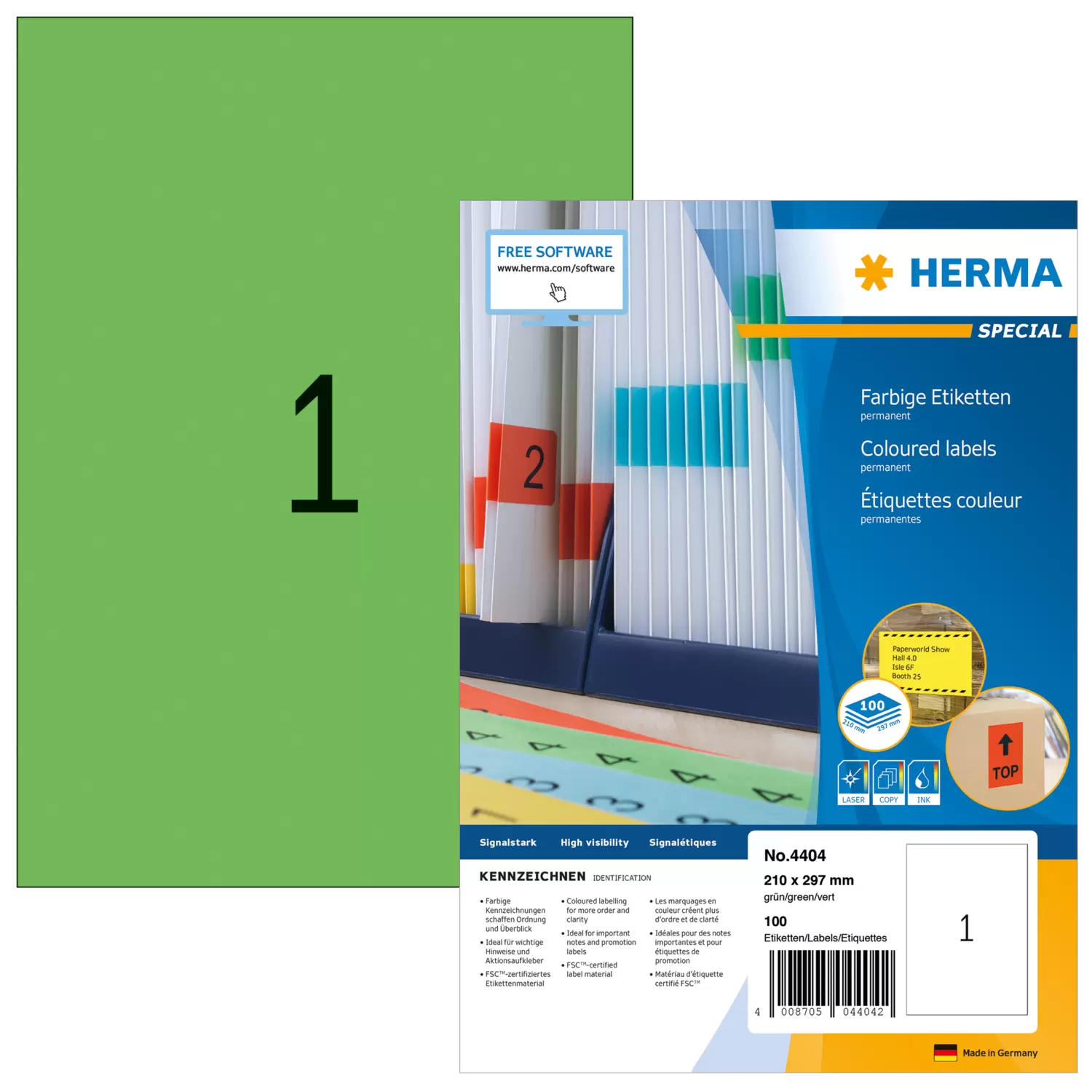 Image of HERMA Coloured Labels A4 210x297 mm green paper matt 100 pcs.