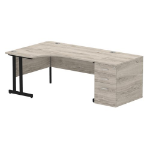 Dynamic Impulse W1600 x D1200 x H730mm Left Hand Crescent Desk Cantilever Leg With D800mm Desk High Pedestal Grey Oak Finish Black Frame - I004405 DD