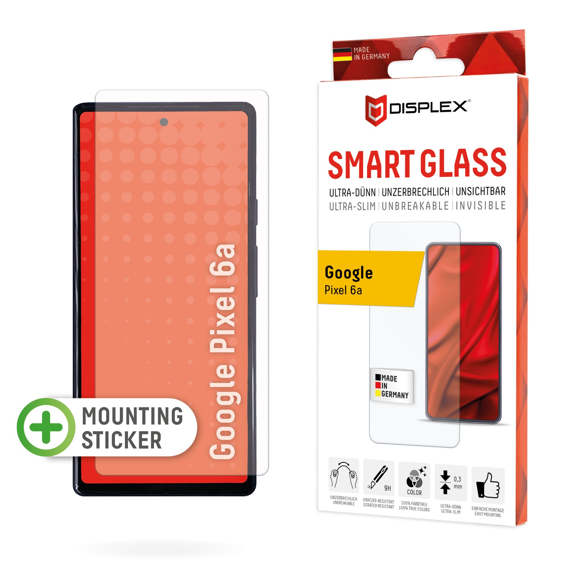 Displex Smart Glass (9H) for Pixel 6a, Mounting Sticker, unbreakable