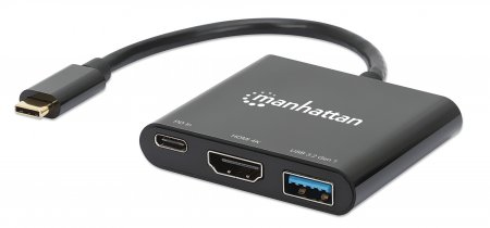 Manhattan USB-C Dock/Hub, Ports (x3): HDMI, USB-A and USB-C, With Power Delivery (100W) to USB-C Port (Note additional USB-C wall charger and USB-C cable needed), Cable 10cm, Black, Three Year Warranty, Retail Box