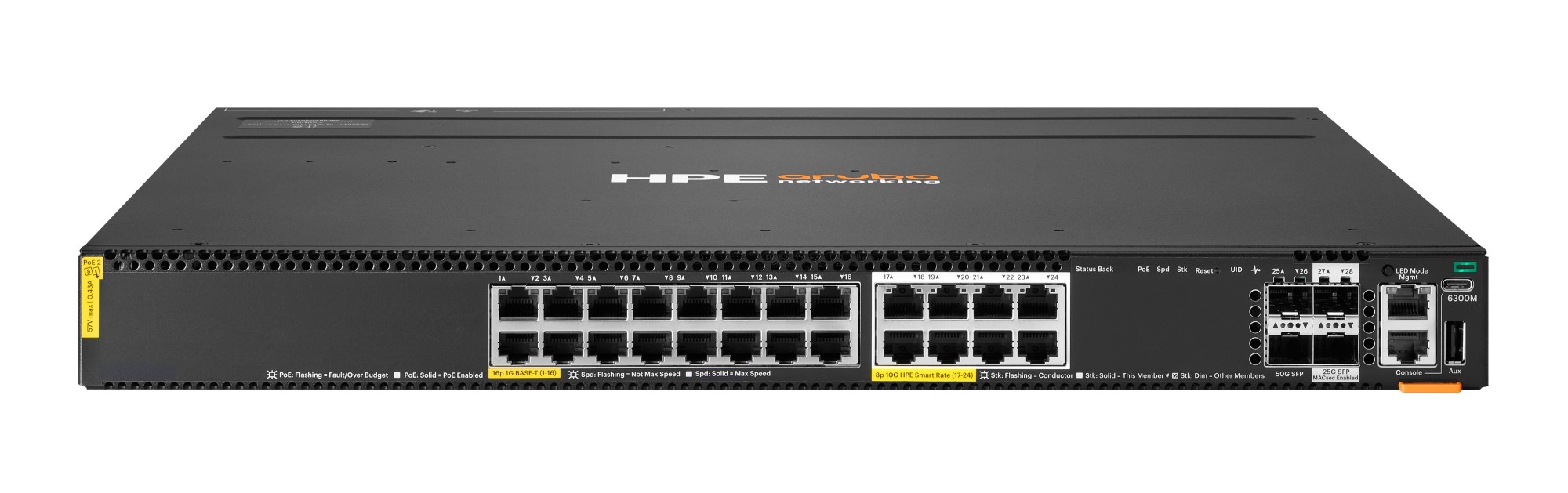 HPE Networking CX6300M 16p 1G 8p Smart Rate 10G Class8 PoE 2p SFP56 50