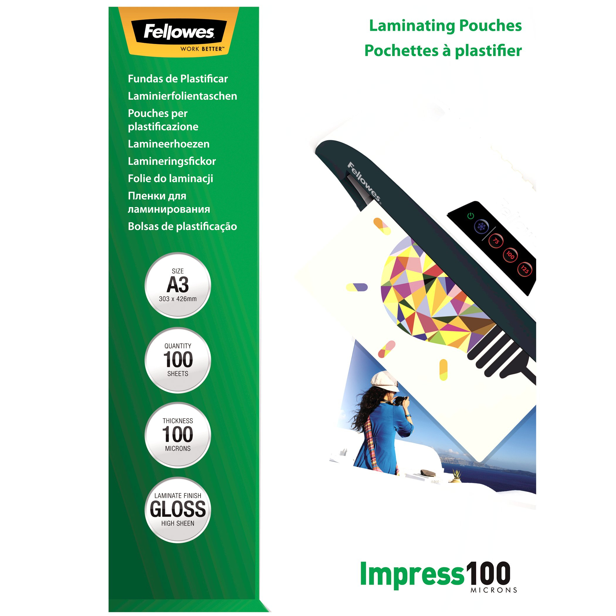 Image of Fellowes A3 Glossy 100 Micron Laminating Pouch - 100 pack