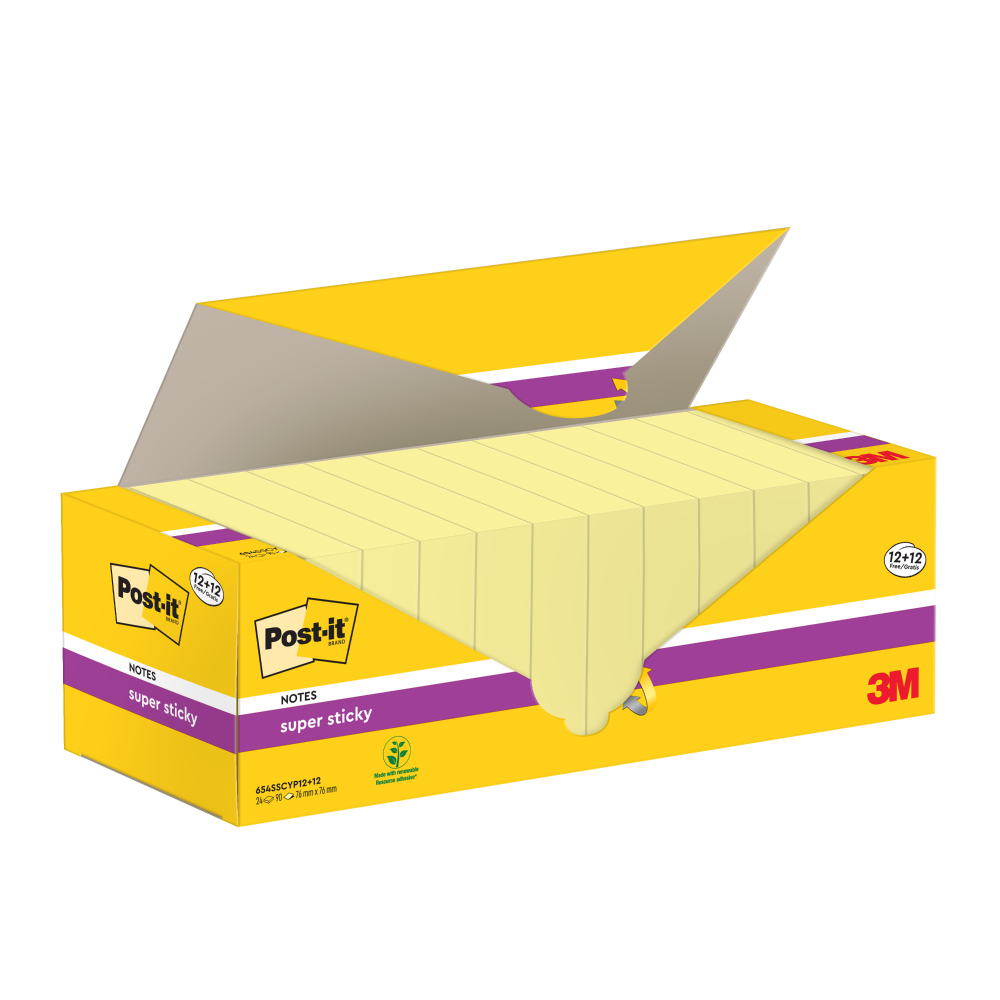 Post-It Yellow Super Sticky Notes Value Pack 76 Mm X 76 Mm 12 Pads + 12 Free