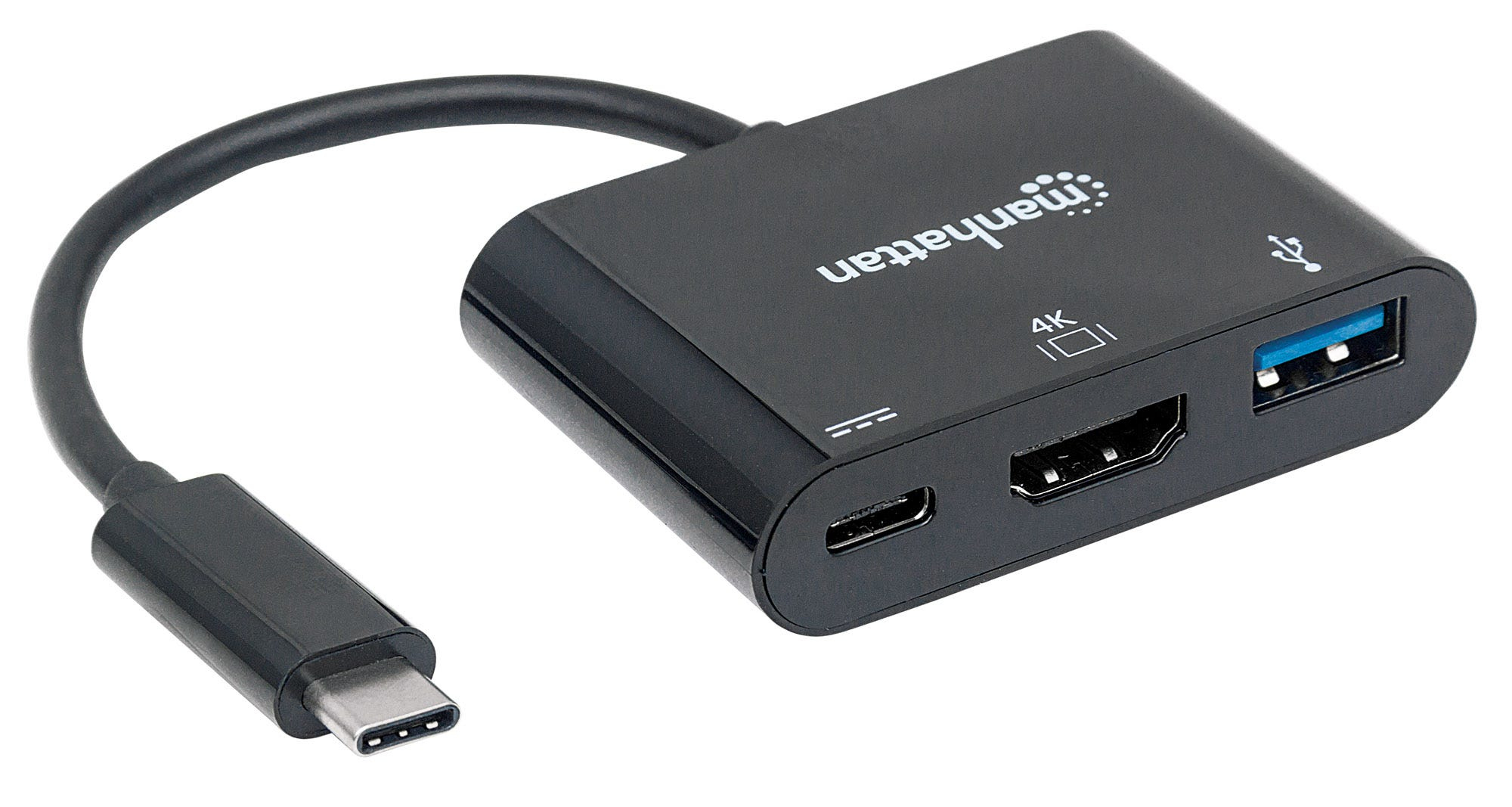 Manhattan USB-C 3-Port Hub/Dock/Converter, USB-C to HDMI, USB-C (including Power Delivery) and USB-A Ports, 5 Gbps (USB 3.2 Gen1 aka USB 3.0), HDMI 4K video: 1080p@60Hz or 3840x2160p@30Hz, Male to Females, Cable 8cm, Black, Blister