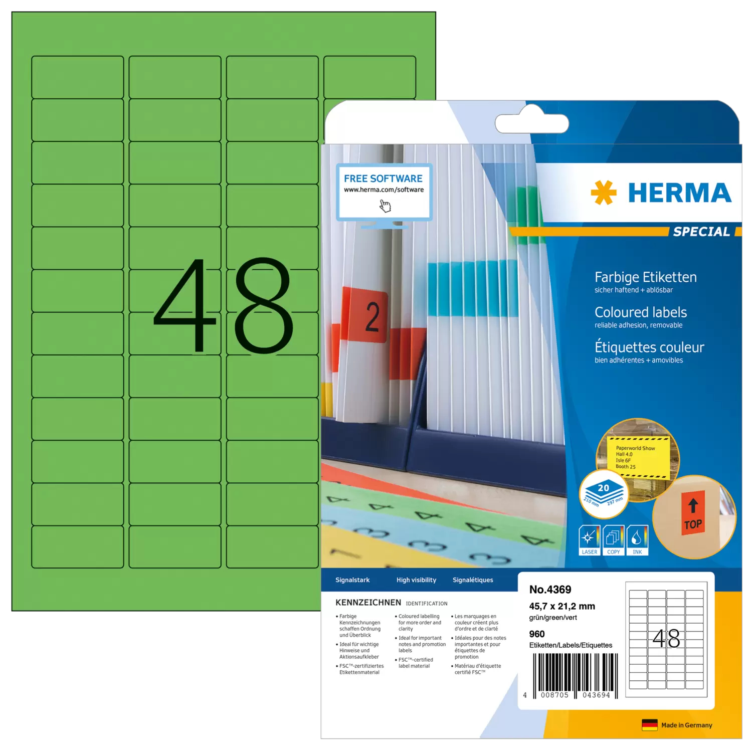 Image of HERMA Coloured Labels A4 45.7x21.2 mm green paper matt 960 pcs.