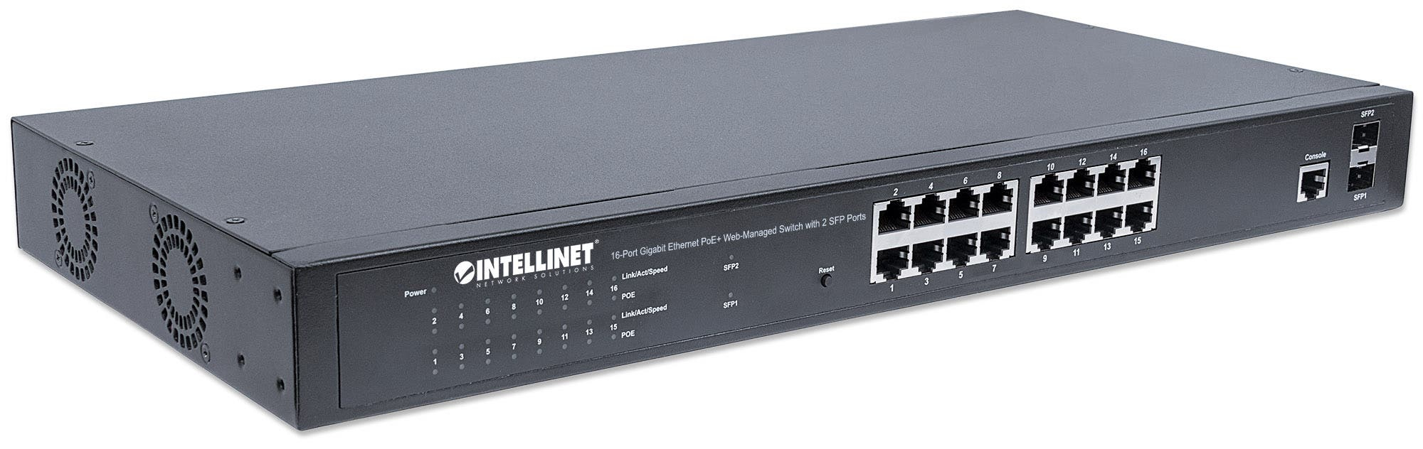 Intellinet 16-Port Gigabit Ethernet PoE+ Web-Managed Switch with 2 SFP Ports, IEEE 802.3at/af Power over Ethernet (PoE+/PoE) Compliant, 374 W, Endspan, 19" Rackmount (UK 3-pin plug)