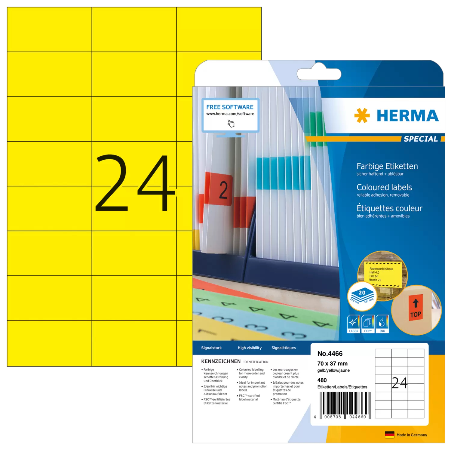 Image of HERMA Coloured Labels A4 70x37 mm yellow paper matt 480 pcs.