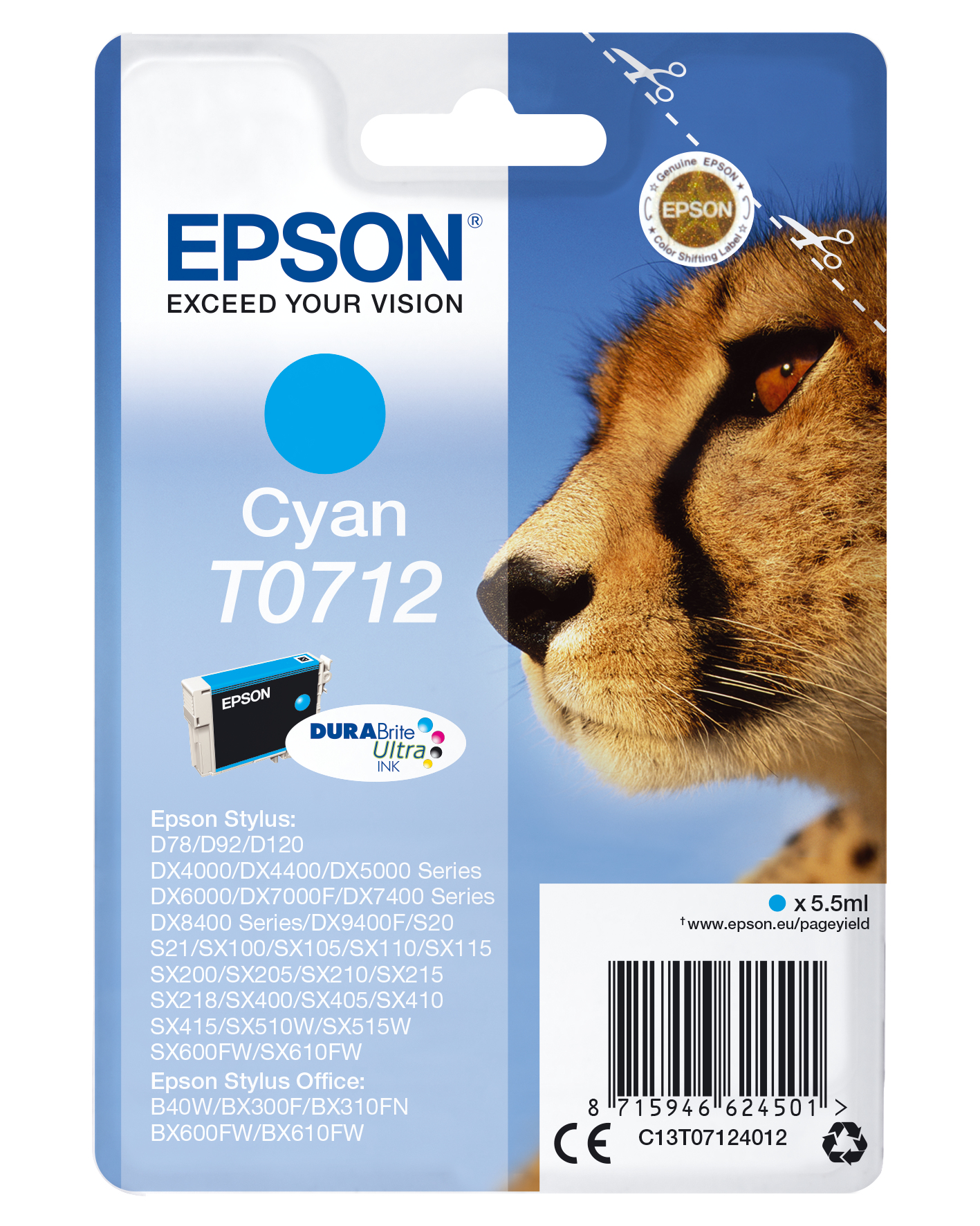 Image of Epson C13T07124012/T0712 Ink cartridge cyan, 345 pages ISO/IEC...