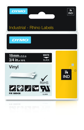 Image of Dymo 1805436 Ribbon Vinyl white on black 19mmx5,5m for Dymo Rhino...