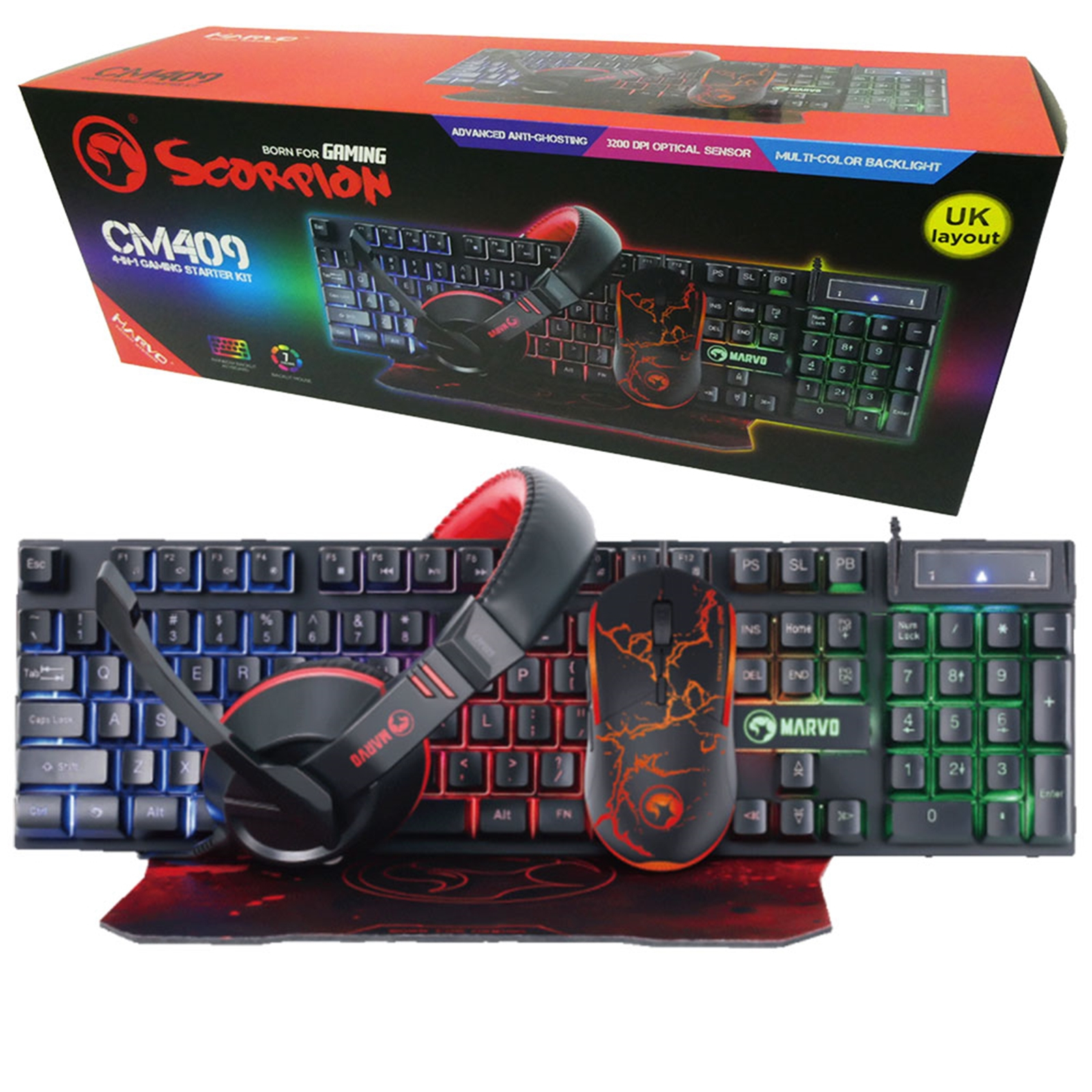 CM409-UK AIT Scorpion CM409-UK 4-in-1 Gaming Bundle, Keyboard, Headset, Mouse and Mouse Pad, Wired USB 2.0, 7 Colour Backlit, Multimedia, Anti-ghosting Keys, 3200 dpi mouse with Noise Isolating Headset