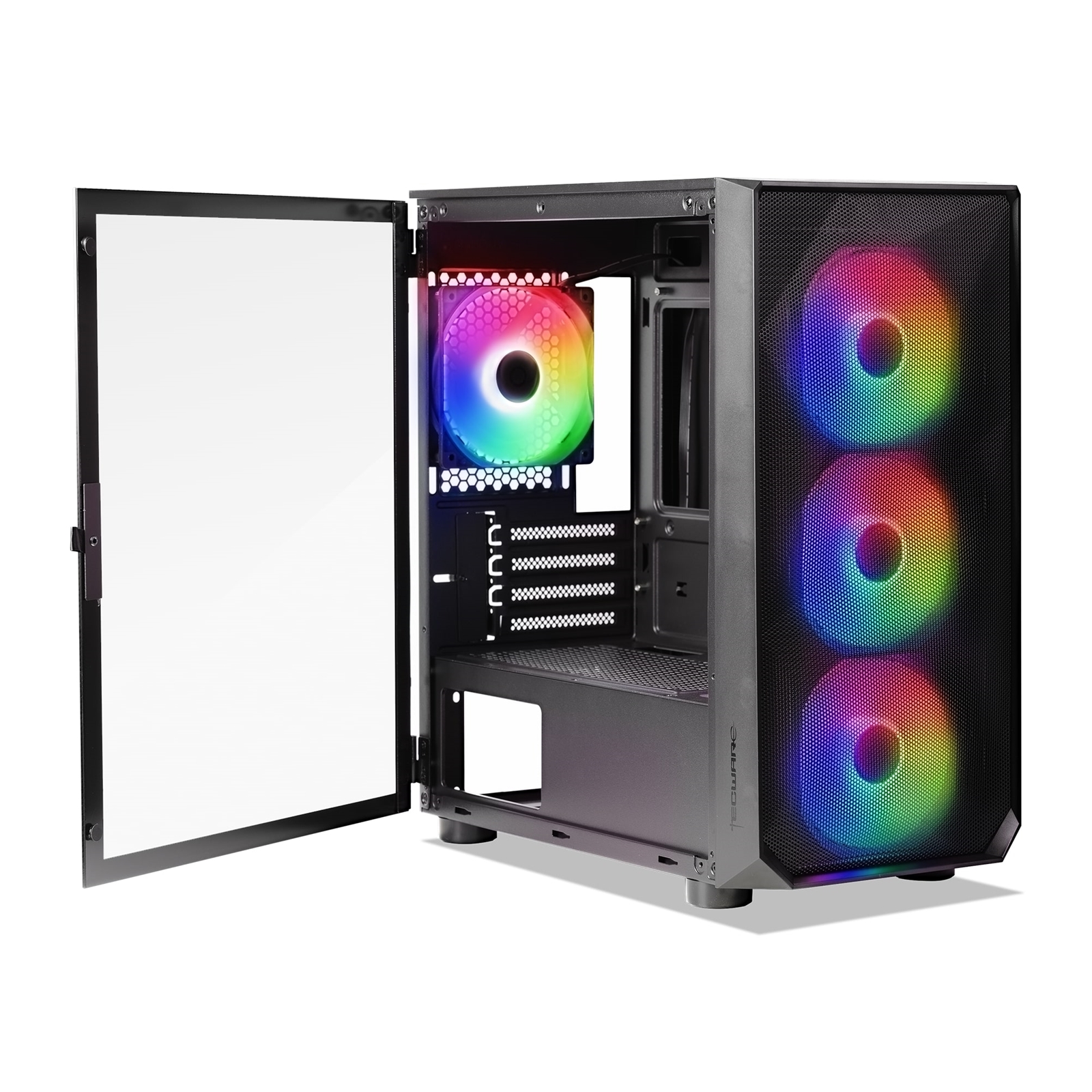 TECWARE Forge M Omni Micro-ATX Case - Key-Lockable Tempered Glass, High-Airflow Mesh Front, 4 x 120mm Fans Pre-Installed, mATX/ITX Support, Black