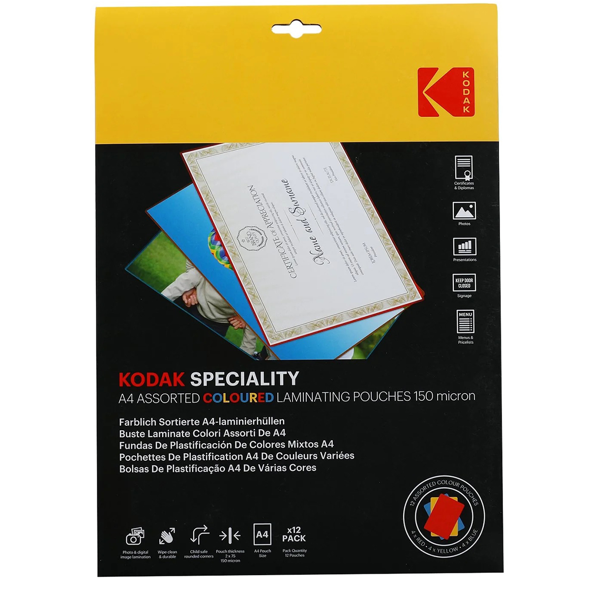 Kodak Speciality Assorted Coloured A4 Laminating Pouches - 150 Micron