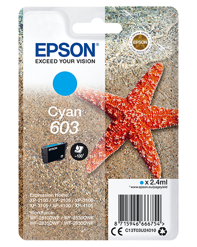 Image of Epson C13T03U24010/603 Ink cartridge cyan, 130 pages 2.4ml for...