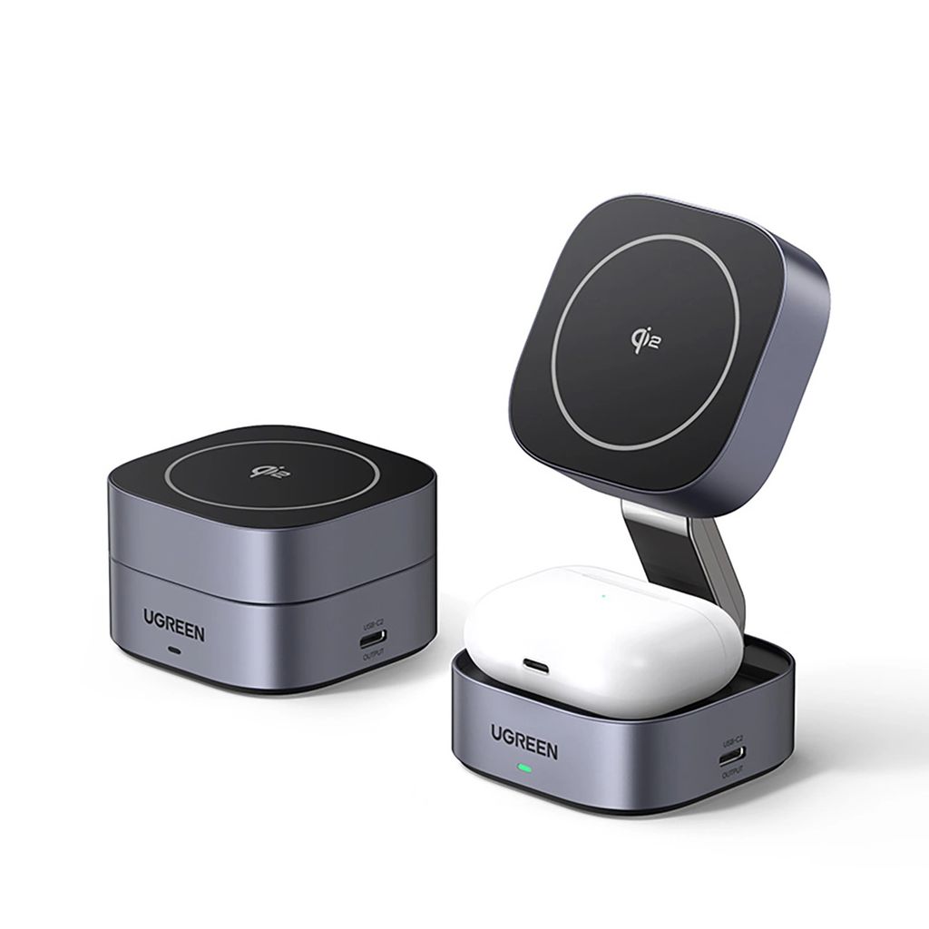 EU Product - 3in1 Wireless Charger Magsafe/Qi2 and USB-C Port for Phone / Headphones - Black thumbnail