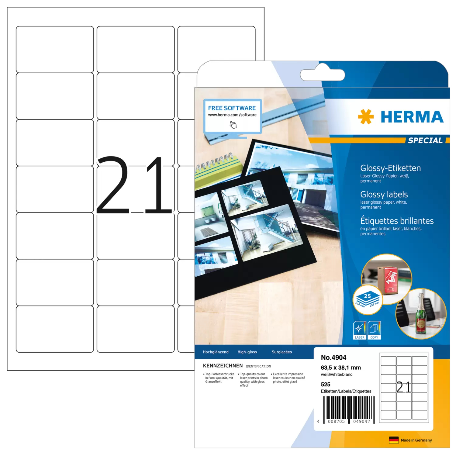Image of HERMA Labels A4 63,5x38,1 mm white paper glossy 525 pcs.