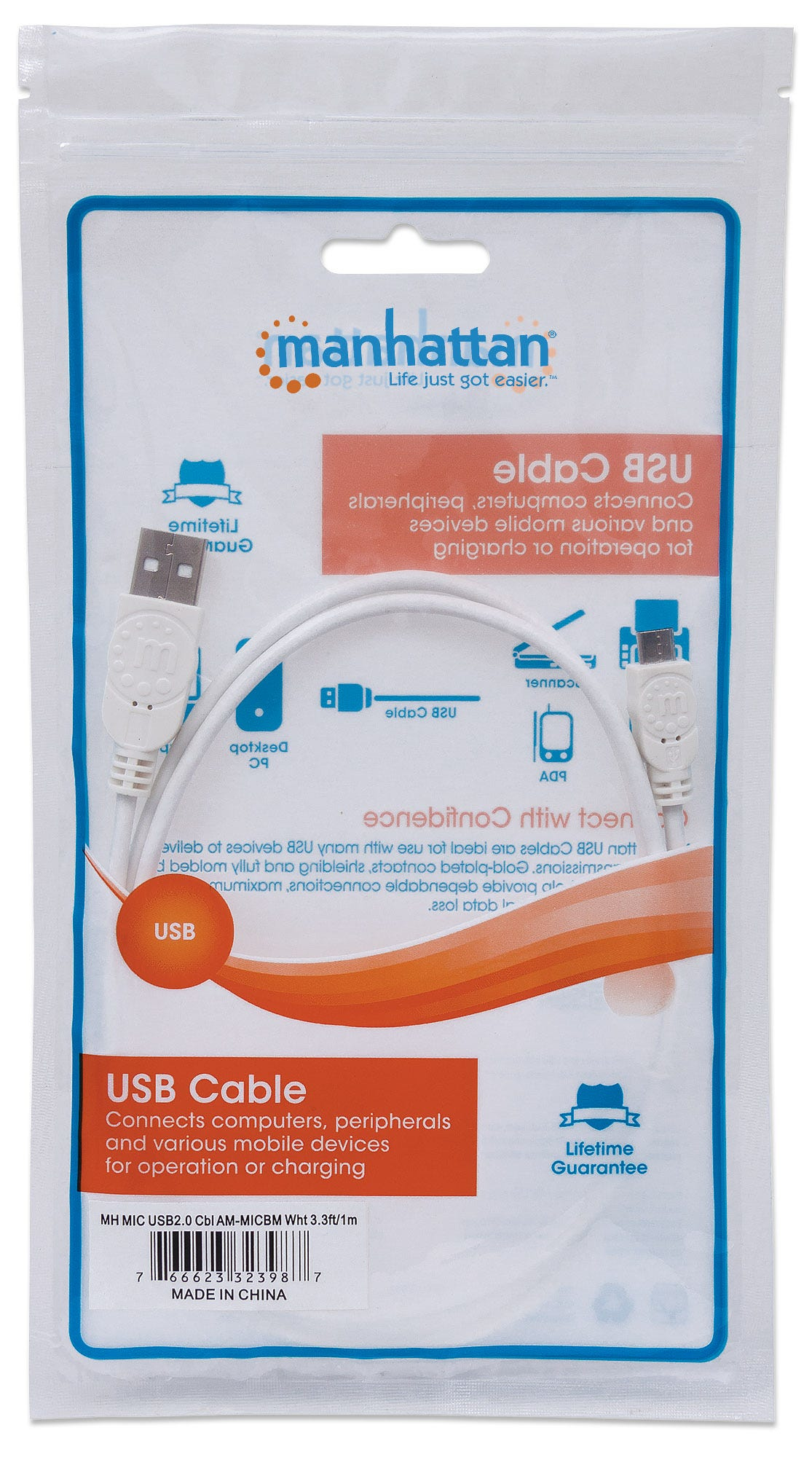 Manhattan USB-A to Micro-USB Cable, 1m, Male to Male, 480 Mbps (USB 2.0), White, Polybag