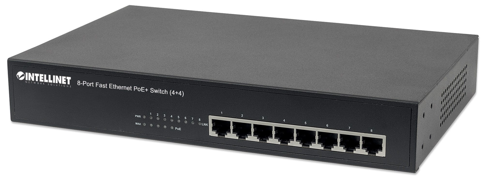 Intellinet 8-Port Fast Ethernet PoE+ Switch. 4 x PoE IEEE 802.3at/af P