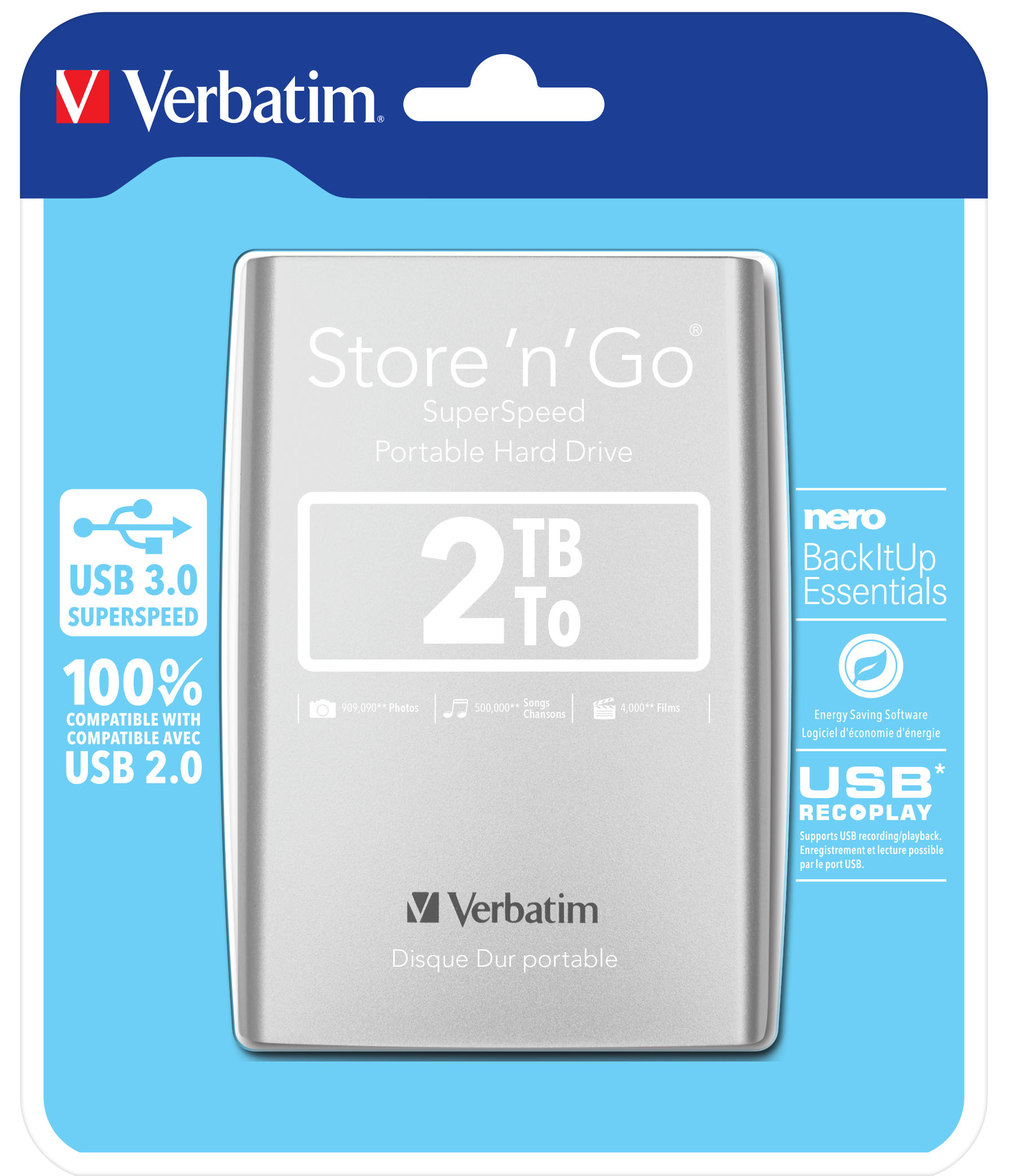 Image of Verbatim Store 'n' Go USB 3.0 Portable Hard Drive 2TB Silver