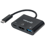Manhattan USB-C Dock/Hub, Ports (x3): HDMI, USB-A and USB-C, 5 Gbps (USB 3.2 Gen1 aka USB 3.0), With Power Delivery (60W) to USB-C Port (Note additional USB-C wall charger and USB-C cable needed), Equivalent to Startech CDP2HDUACP, Black, 3 Year Warranty,