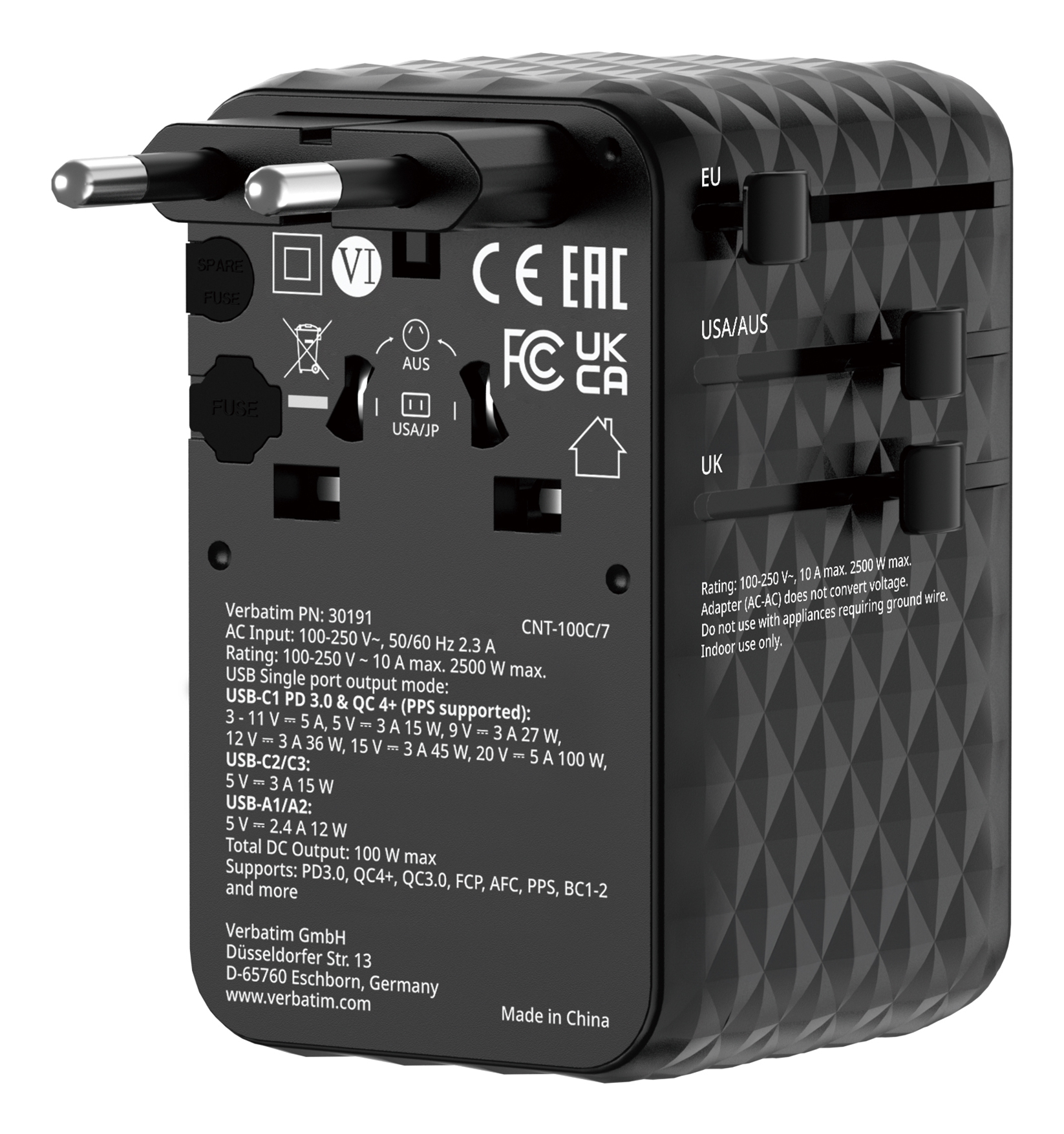 Verbatim Charge 'n' Travel 100W Universal Travel Adapter with retractable cable Black