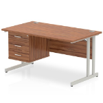 Dynamic Impulse W1400 x D800 x H730mm Straight Office Desk Cantilever Leg With 1x3 Drawer Single Fixed Pedestal Walnut Finish Silver Frame - MI001928 DD
