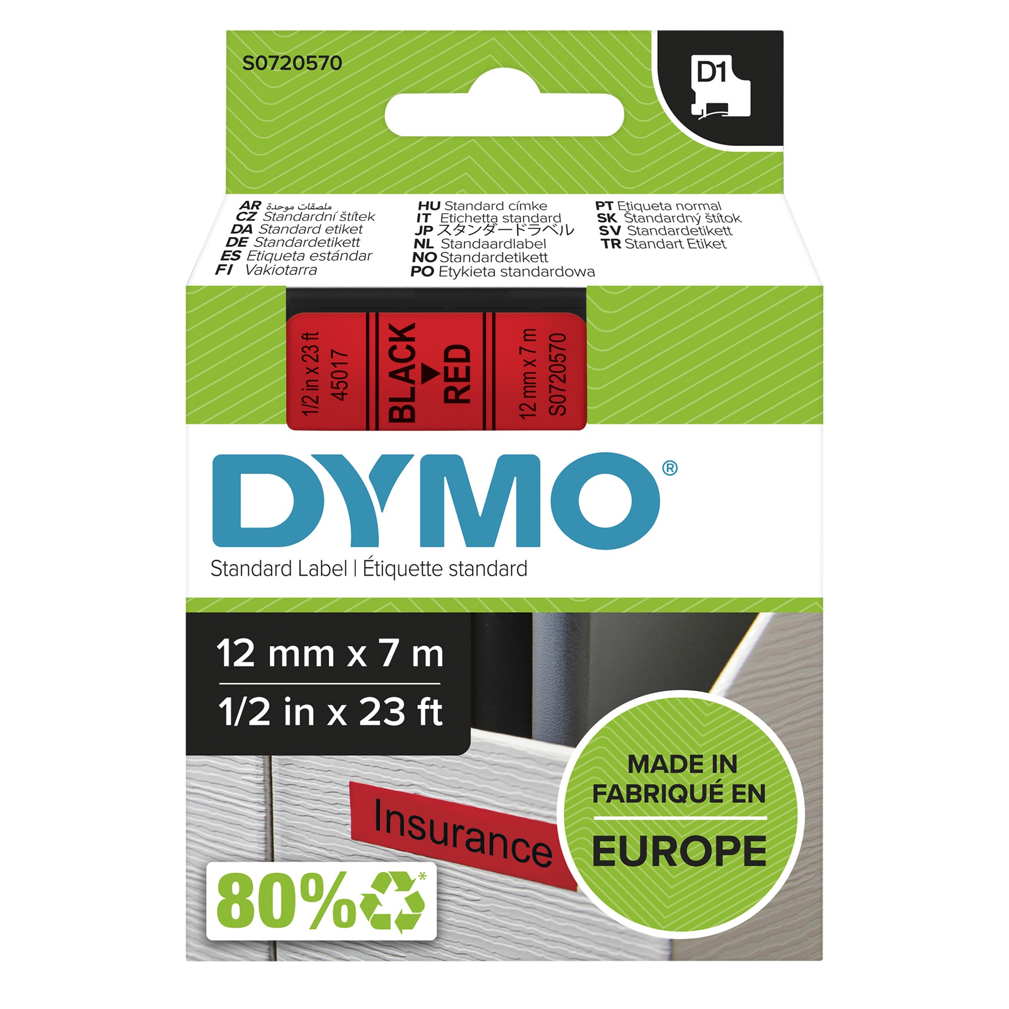Dymo 45017/S0720570 DirectLabel-etikettes black on red 12mm x 7m for Dymo D1 6-12mm/19mm/24mm/9-12mm/9-19mm