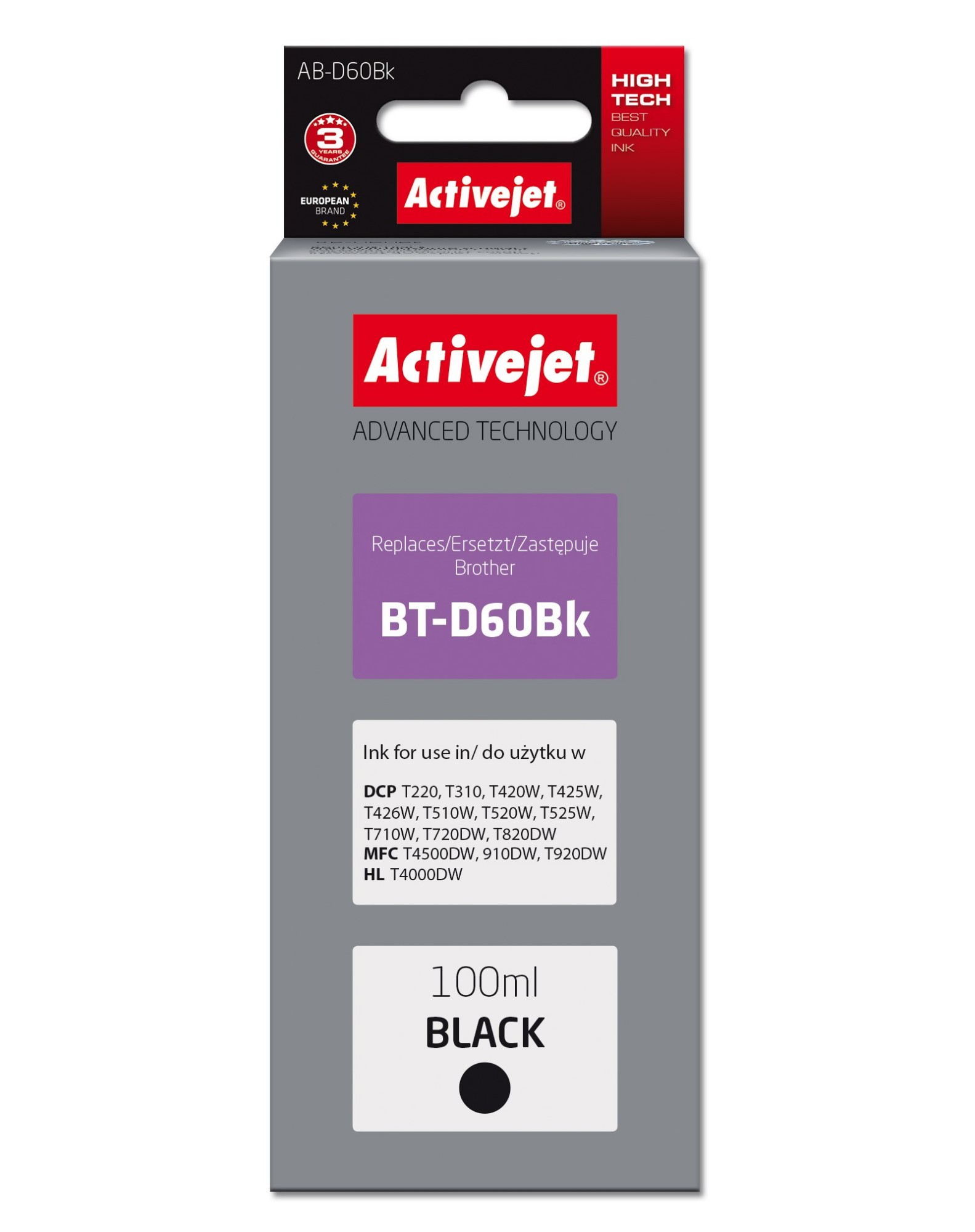 Activejet AB-D60BK ink (replacement Brother BT-D60BK; Supreme; 100 ml; black)