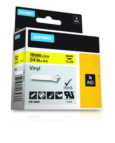 Dymo 18433 Rhino Vinyl Tape 19mm x 5.5m Black on Yellow S0718470