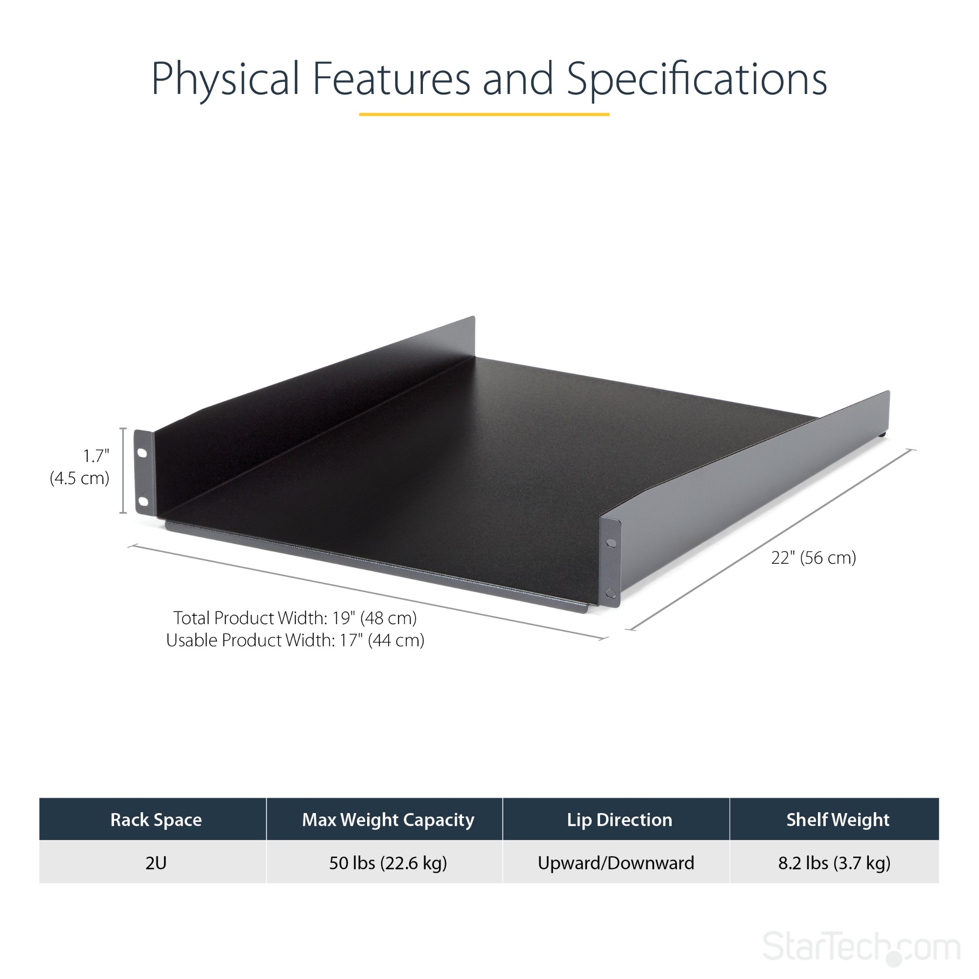 StarTech.com 2U 22in Depth Fixed Rack Mount Shelf - 50lbs / 22kg