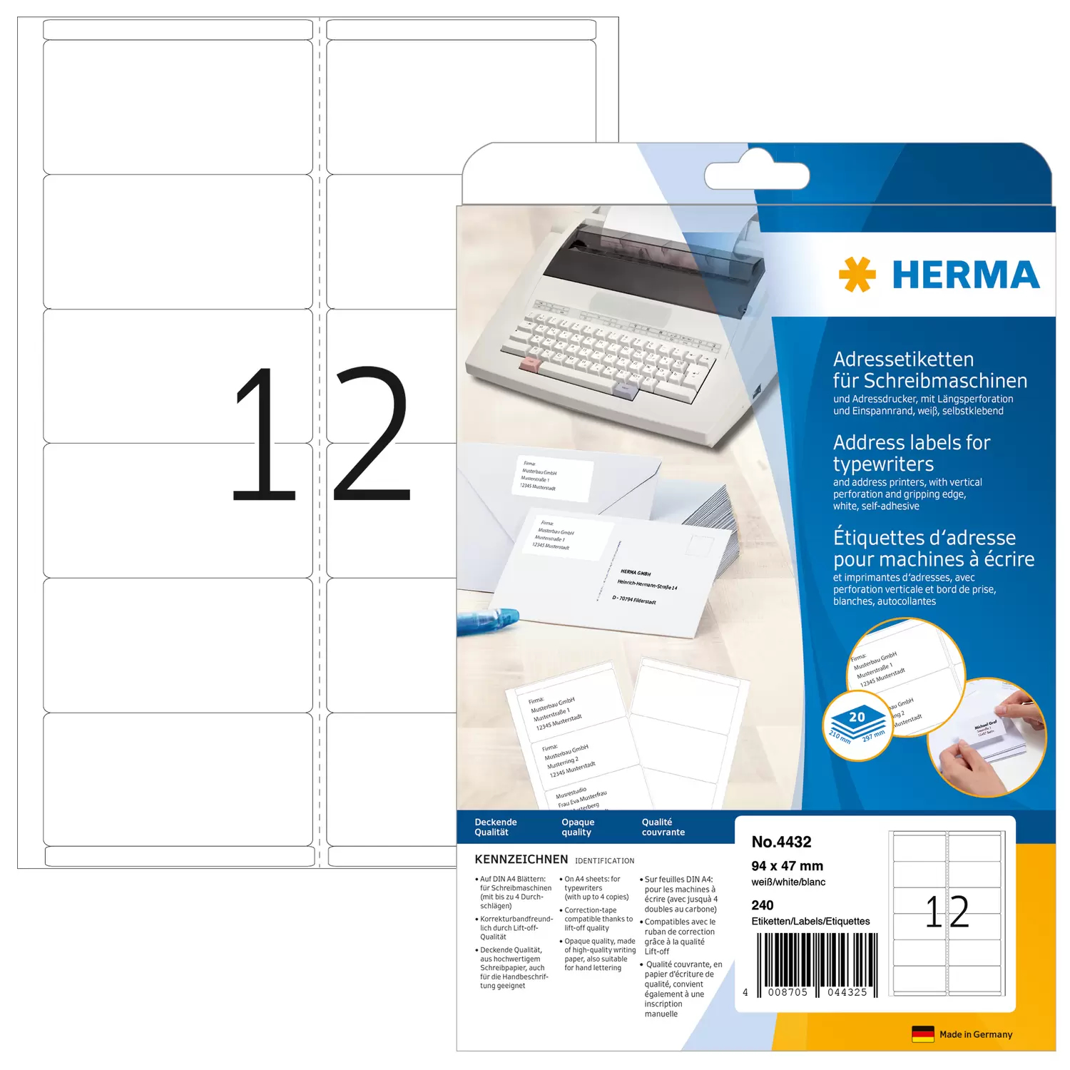 HERMA Address labels for typewriters A4 94x47 mm paper matt round corners 240 pcs.