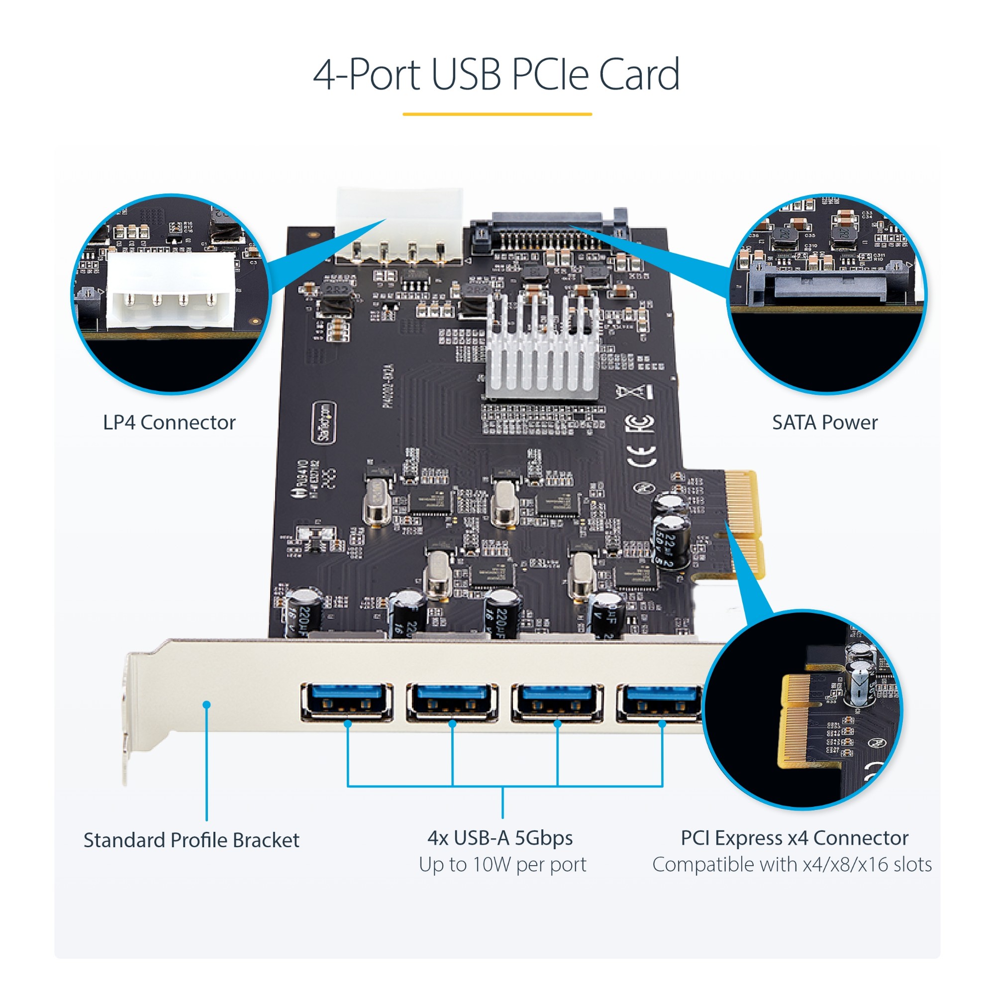 StarTech.com 4-Port USB PCIe Card, USB 3.2 5Gbps, PCI Express Expansion Card with 4x Independent USB Controllers, 4x USB-A Ports, Windows/macOS/Linux