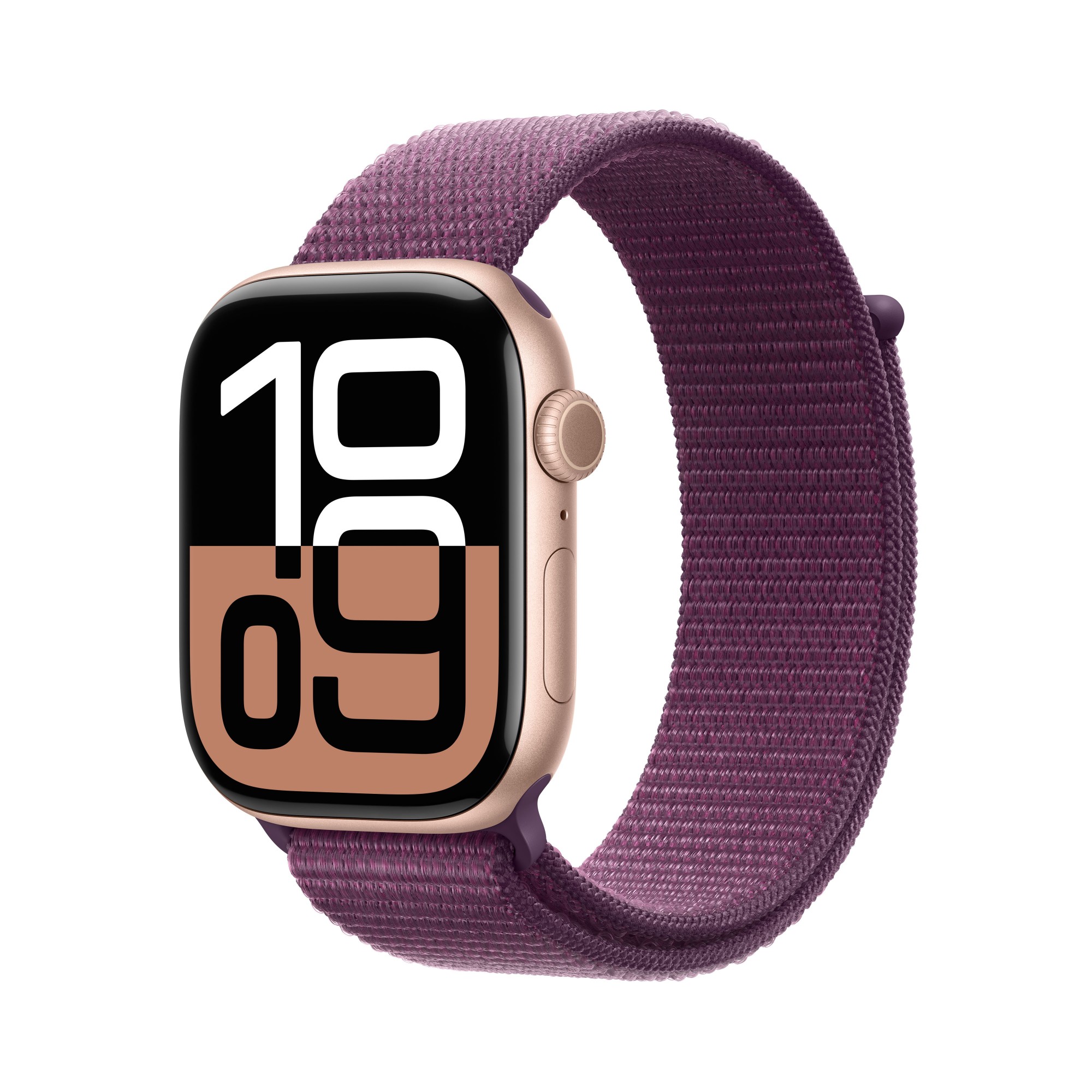 Apple Watch Series 10 (GPS) - 46 mm - rose gold aluminium - smart watch with sport loop - soft double-layer nylon - plum - wrist size: 130-200 mm - 64 GB - Wi-Fi 4, UWB, Bluetooth - 36.4 g