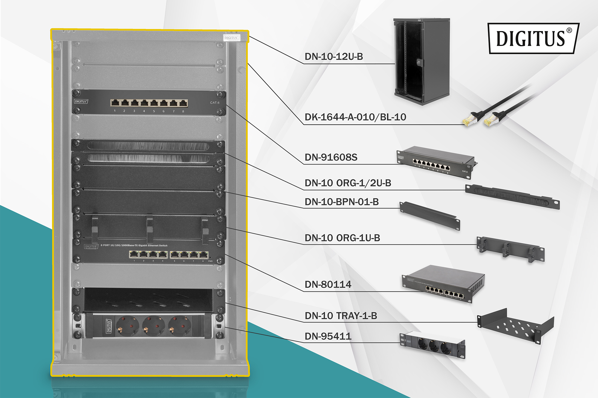 Image of Digitus Network Set - 254 mm (10") - 12U, 312 x 300 mm (W xD)