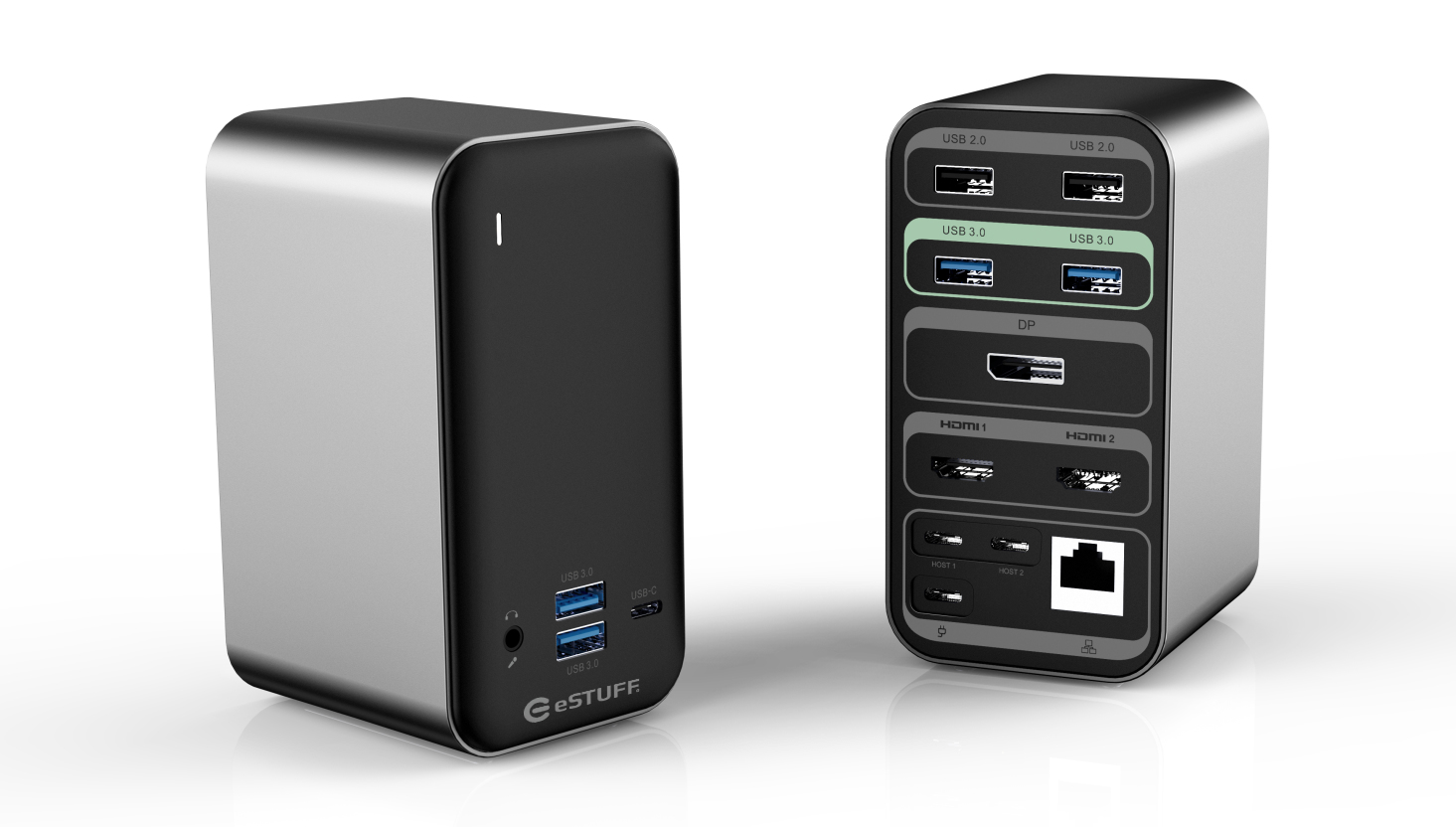 eSTUFF USB-C Pro Dual USB-C Dock USB 3.2 Gen 1 (3.1 Gen 1) Type-C 5000 Mbit/s Gjuten aluminium, Svart