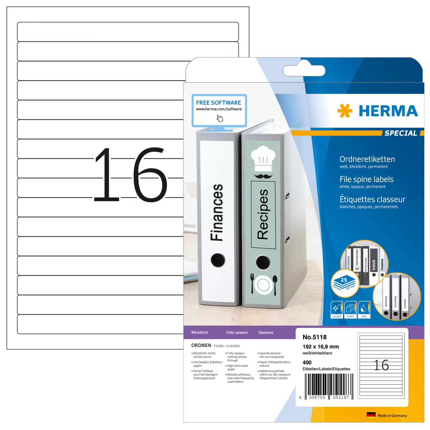 Image of HERMA File labels A4 192x16,9 mm white paper matt opaque 400 pcs.