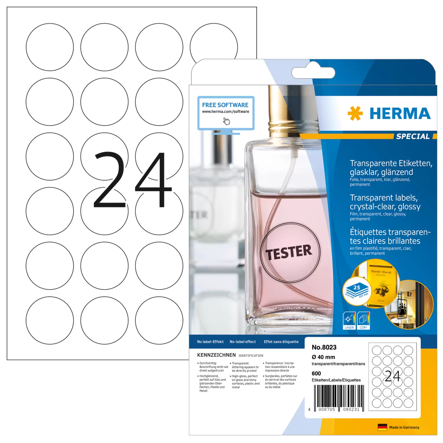 HERMA Labels transparent crystal-clear A4 Ã˜ 40 mm round transparent clear film glossy 600 pcs.