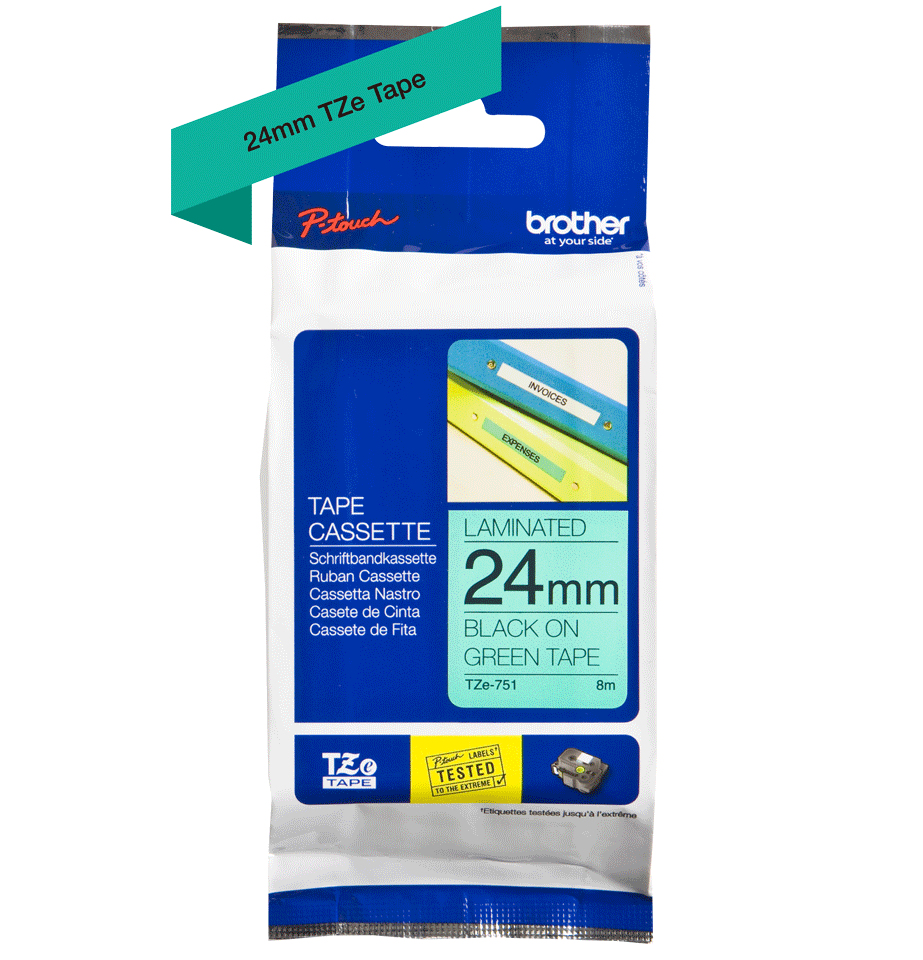 Brother TZE-751 DirectLabel black on green Laminat 24mm x 8m for Brother P-Touch TZ 3.5-24mm/HSE/36mm/6-24mm/6-36mm