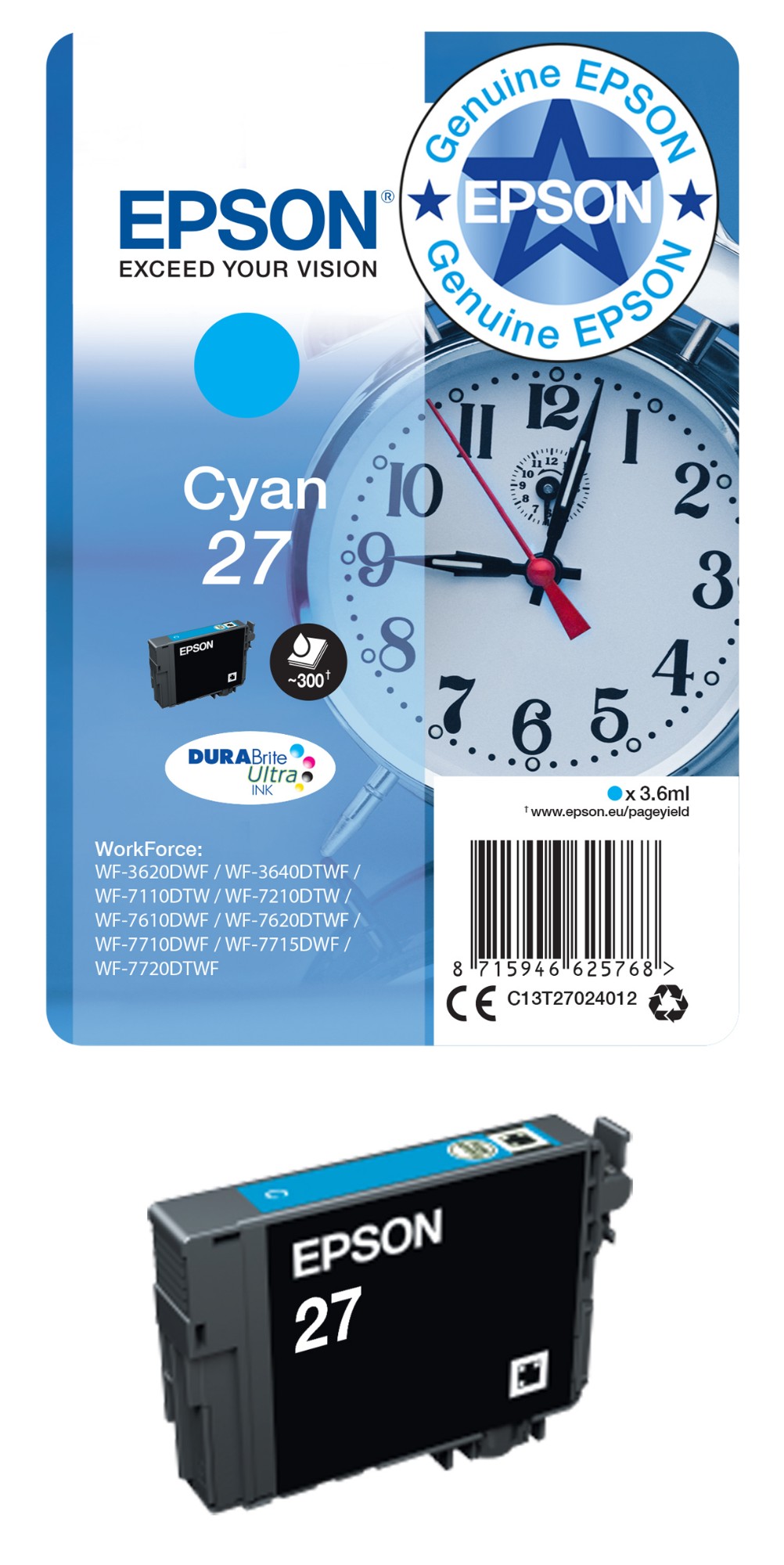Epson 27XL Alarm Clock DURABrite Ultra Ink Cartridge High Yield Black C13T27114012