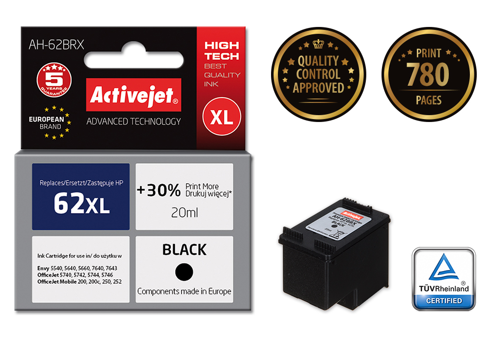 Activejet AH-62BRX ink (replacement for HP 62XL C2P05AE; Premium; 20 ml; black)