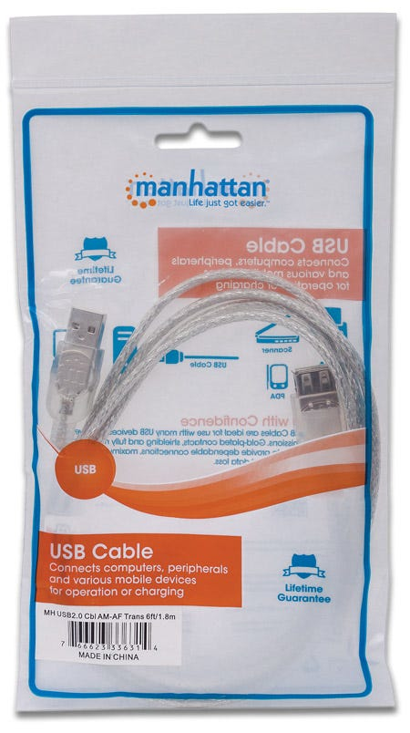 Manhattan USB-A to USB-A Extension Cable, 1.8m, Male to Female, 480 Mbps (USB 2.0), Translucent Silver, Polybag