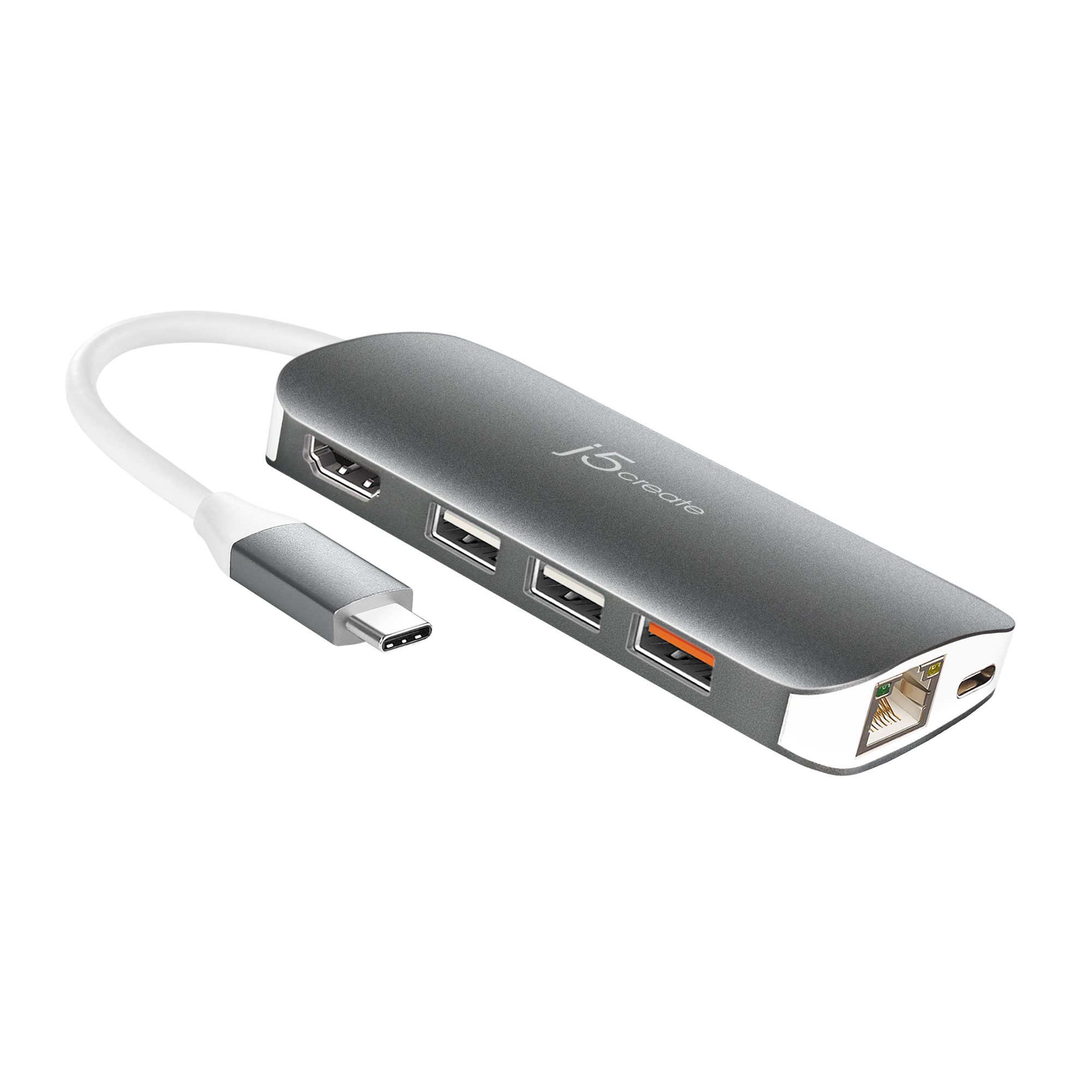 Image of j5create JCD383 USB-C™ 9-in-1 Multi Adapter. Silver and White