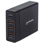 Manhattan Power Delivery Charging Station - 72 W, One USB-C Power Delivery Port up to 60 W, Three USB-A Charging Ports Sharing up to 12 W / 2.4 A, Black (Euro 2-pin plug)